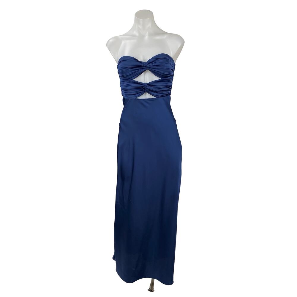 Runaway Blue Silk Satin Strapless Bandeau Bustier Cutout Maxi Dress Size XS